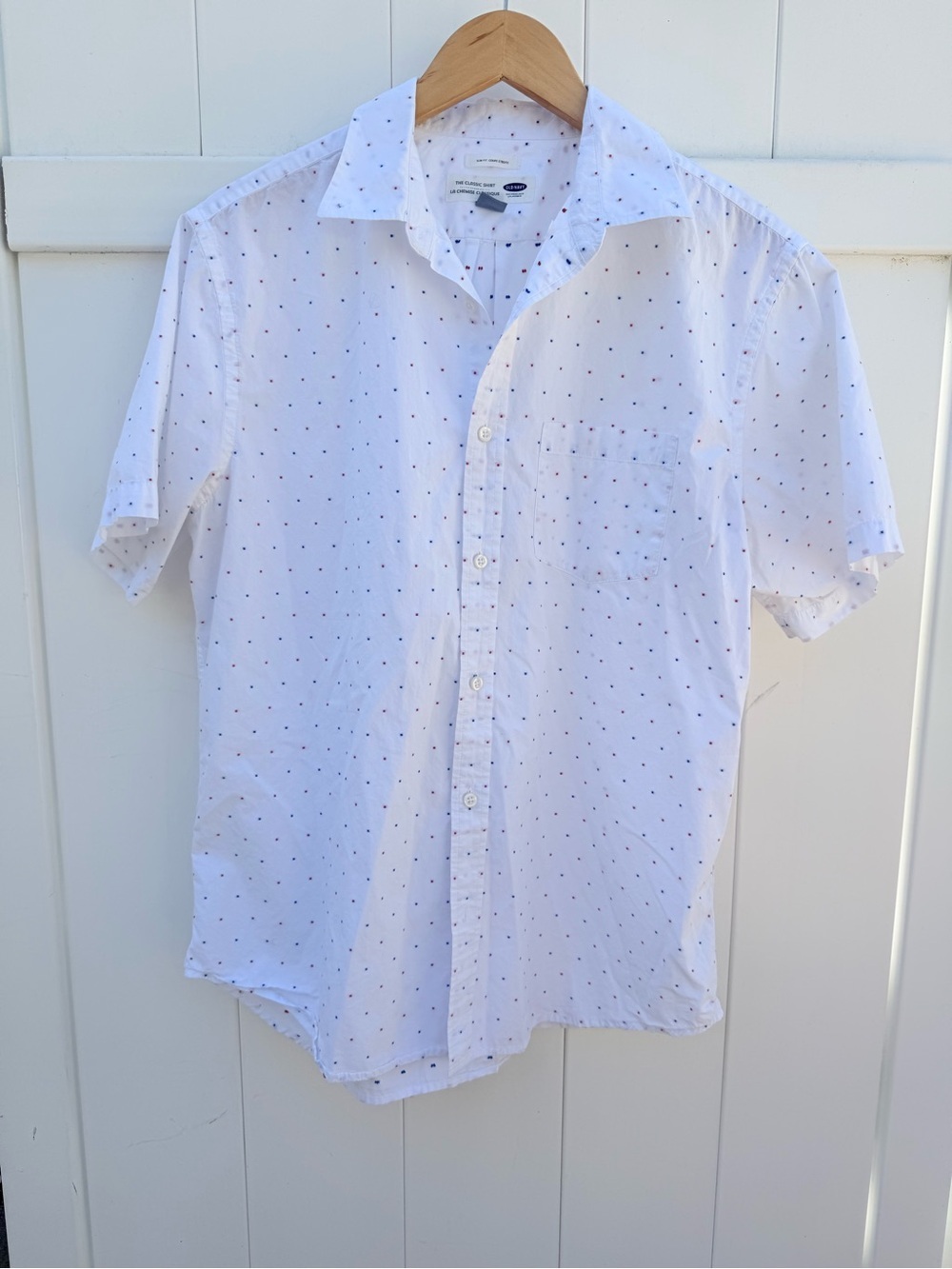 Old Navy White Short-Sleeve Button-Down Shirt with Tiny Navy Dots